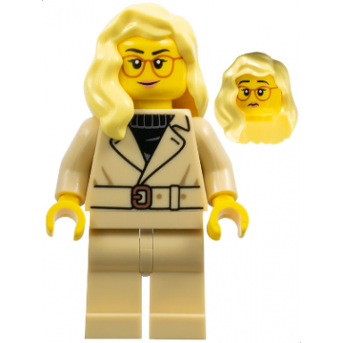 tourist - female tan jacket and legs bright light yellow hair over shoulder glasses