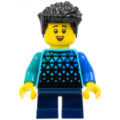 child - boy medium azure top with triangles dark blue short legs black hair