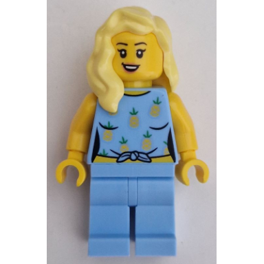 car driver - female bright light blue knotted top with pineapples and legs bright light yellow hair