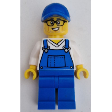 car cleaner - male blue overalls over v-neck shirt blue legs blue cap glasses stubble