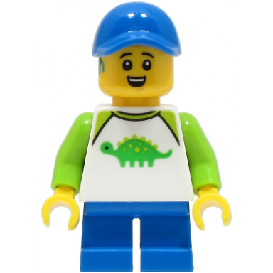 boy - white dinosaur shirt with lime sleeves blue short legs blue cap