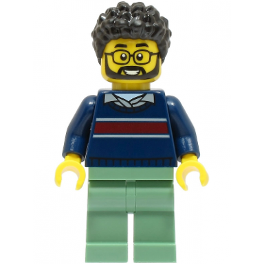 dad - dark blue sweater with dark red stripe sand green legs black hair