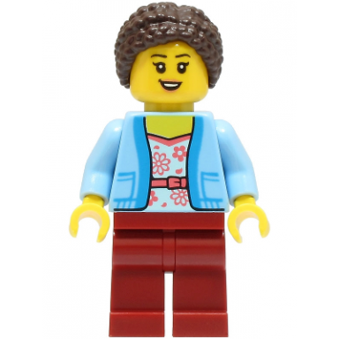 mom - bright light blue jacket over white shirt with coral flowers dark red legs dark brown braided hair with knot bun