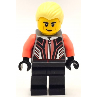 race car driver - male black and coral racing suit black legs bright light yellow hair