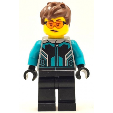 race car driver - female black and dark turquoise racing suit black legs reddish brown hair safety glasses