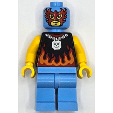 taco monster truck driver - male black sleeveless shirt with flames medium blue legs wrestling mask