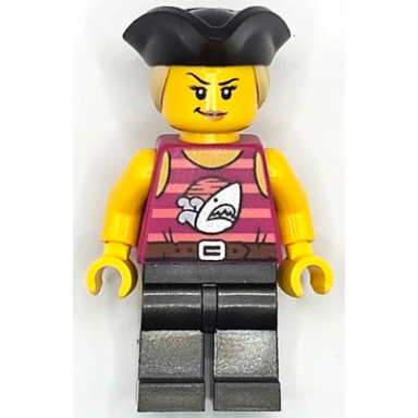 pirate monster truck driver - female magenta tank top with coral stripes and silver shark pearl dark gray legs black tricorne hat with tan ponytail