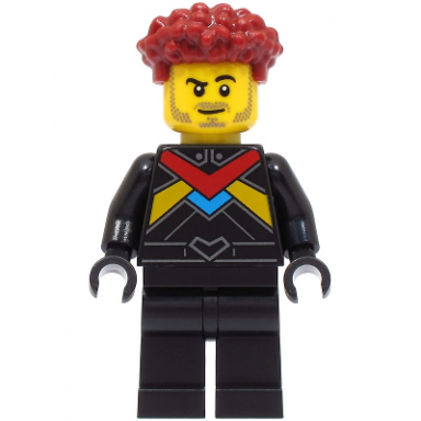 race car driver - male black racing suit with red dark azure and bright light orange stripes dark red hair