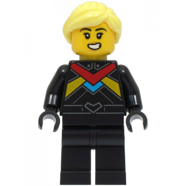 monster truck driver - female black racing suit with red dark azure and bright light orange stripes bright light yellow hair