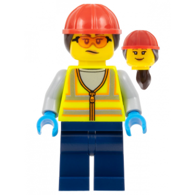 airport worker - female neon yellow safety vest dark blue legs red construction helmet with dark brown ponytail hair safety glasses