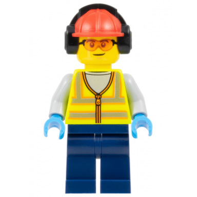 airport worker - male neon yellow safety vest dark blue legs red construction helmet with black ear protectors headphones safety glasses