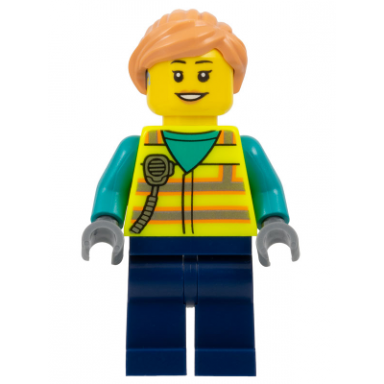 airport worker - female neon yellow safety vest with radio dark blue legs nougat ponytail hair hearing aid