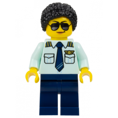 passenger plane pilot - female light aqua uniform shirt with tie dark blue legs black braided hair with knot bun sunglasses