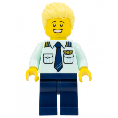 passenger plane pilot - male light aqua uniform shirt with tie dark blue legs bright light yellow spiked hair swept up