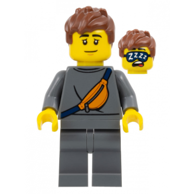 plane passenger - male dark bluish gray sweater with orange sling bag dark bluish gray legs reddish brown messy hair sleep mask