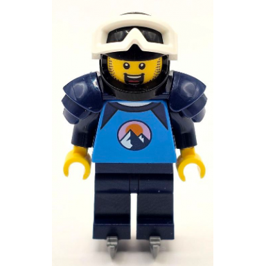ice hockey player - male dark azure and dark blue shirt with mountains dark blue legs and shoulder pads black helmet white goggles ice skates