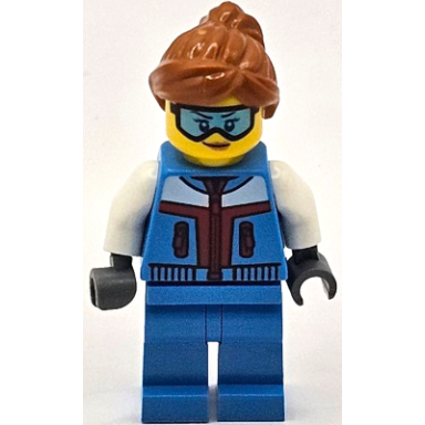 ice sculptor - female dark azure jacket and legs dark orange ponytail hair ski goggles