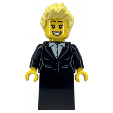 carol singer - female black suit jacket with white button up shirt black skirt bright light yellow spiked hair