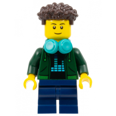 video game player - male dark green hoodie dark blue medium legs dark brown coiled hair dark turquoise headphones