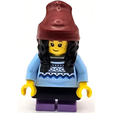 child - girl bright light blue knit fair isle sweater medium lavender short legs dark red beanie with black hair black skirt tiktok fan