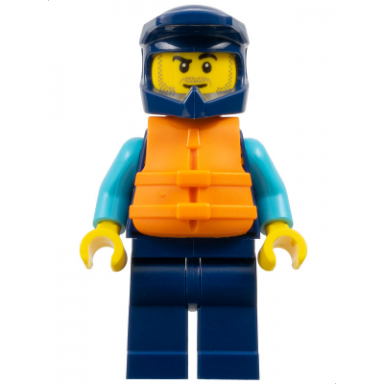 water scooter driver - male dark blue diving suit and dirt bike helmet orange life jacket lopsided smirk