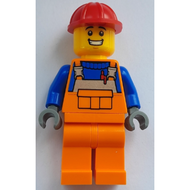 construction worker - male orange overalls with reflective stripe and buckles over blue shirt orange legs red construction helmet open mouth smile