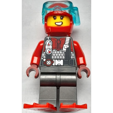 diver - female red helmet air tanks and flippers