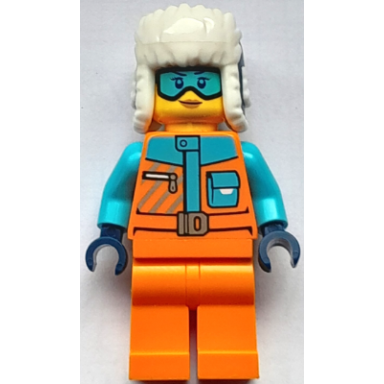 arctic explorer - female orange jacket dark blue ushanka hat medium azure goggles