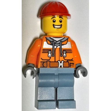 construction worker - male orange safety jacket reflective stripe sand blue hoodie sand blue legs red construction helmet
