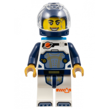 astronaut - female white spacesuit with dark blue arms dark blue helmet trans-clear visor dark azure jet pack