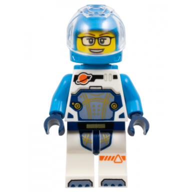 astronaut - female white spacesuit with dark azure arms dark azure helmet trans-clear visor dark azure jet pack glasses