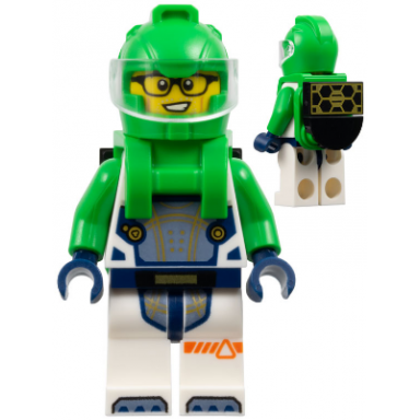astronaut - male white spacesuit with bright green arms bright green helmet trans-clear visor bright green harness with solar panel glasses