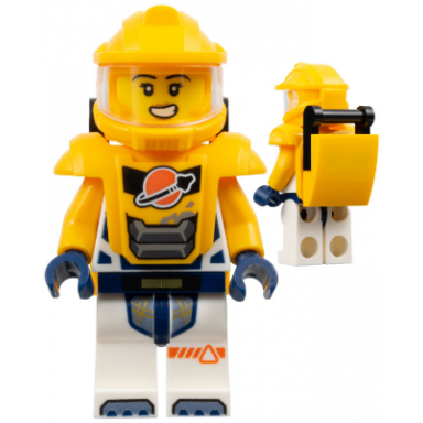 astronaut - female white spacesuit with bright light orange arms bright light orange helmet trans-clear visor bright light orange armor with black bar handle