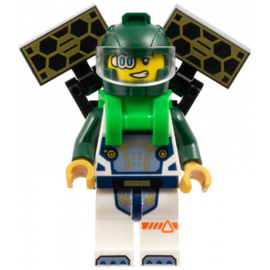 astronaut - male white spacesuit with dark green arms dark green helmet trans-clear visor bright green harness with solar panels