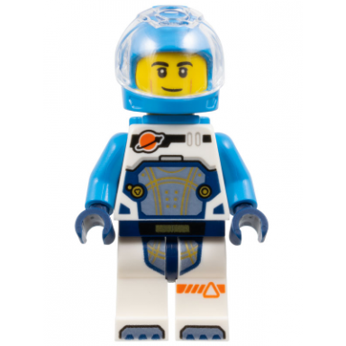 astronaut - male white spacesuit with dark azure arms dark azure helmet trans-clear visor dark azure jet pack smirk