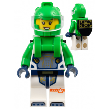 astronaut - female white spacesuit with bright green arms bright green helmet trans-clear visor bright green harness with solar panel open mouth