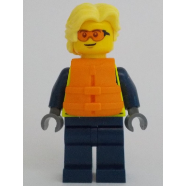 police - city officer male neon yellow safety vest orange safety glasses and life jacket bright light yellow hair