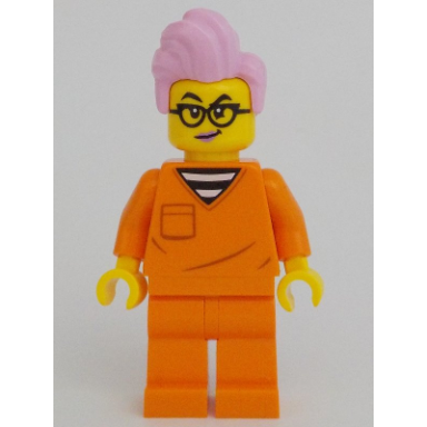 police - city jail prisoner female orange prison jumpsuit bright pink hair black glasses