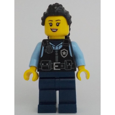 police - city officer female black safety vest with silver star badge logo dark blue legs black hair long with braided ponytail