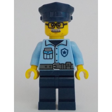 police - city officer male bright light blue shirt dark blue legs light bluish gray moustache and black glasses