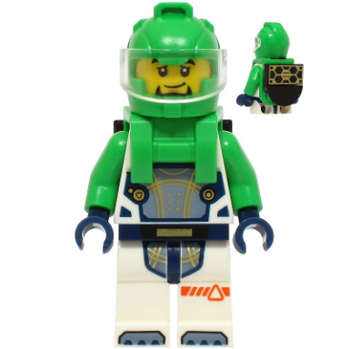 astronaut - male white spacesuit with bright green arms bright green helmet trans-clear visor bright green harness with solar panel goatee