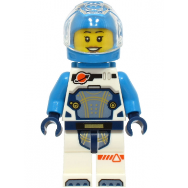 astronaut - female white spacesuit with dark azure arms dark azure helmet trans-clear visor dark azure jet pack hearing aid