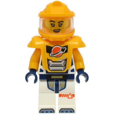 astronaut - female white spacesuit with bright light orange arms bright light orange helmet trans-clear visor bright light orange armor