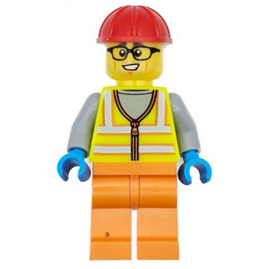 construction worker - male neon yellow safety vest orange legs red construction helmet black glasses