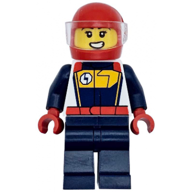 race car driver - female white dark blue and bright light orange racing suit dark blue legs red helmet