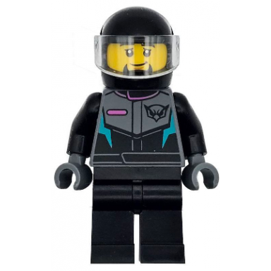 race car driver - male racing suit with hawk head logo black legs black helmet trans-clear visor goatee
