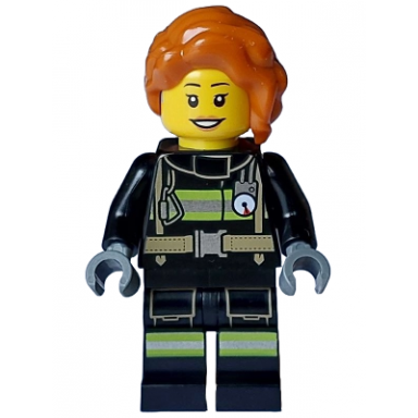 fire - female black jacket and legs with reflective stripes dark orange hair wavy loose braid