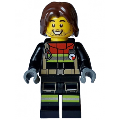 fire - male black jacket and legs with reflective stripes and red collar dark brown hair mid-length tousled
