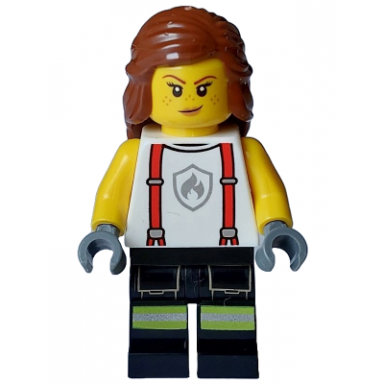 fire - female white shirt with suspenders legs with reflective stripes reddish brown hair with braid