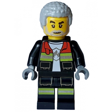 fire - male black open jacket and legs with reflective stripes and red collar light bluish gray coiled hair